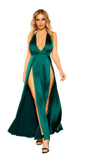 Maxi Length Satin Dress with High Slits and Deep Cut