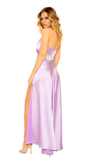 Maxi Length Satin Dress with High Slits and Deep Cut
