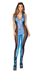 One Piece Haltered Catsuit with Mesh and Sequin Detail
