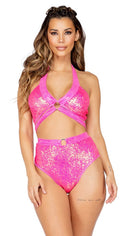 One Piece Sequin/Metallic High-Waisted Short with O-Ring Detail