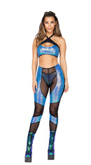 One Piece Low Rise Sheer Pants with Sequin Chaps Detail