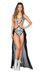One Piece Metallic Spotted Velvet Romper with Attached Long Sheer Skirt