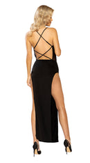 Sheer Mesh Corset Look Maxi Length Dress with Criss-Cross Back Detail