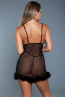 Faux Fur Mesh Babydoll with Thong