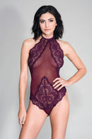 High Neck Scalloped Trim Lace Teddy with Sheer Back
