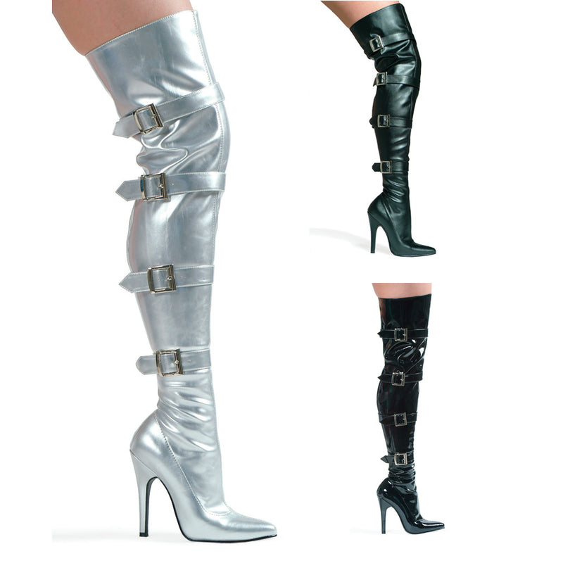 5 Inch Heel Stretch Thigh Boot with Buckles & Inner Zipper - ElegantStripper