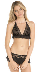 Two Piece Lace and Mesh Bra and Garter G-String Set