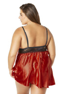 Lace Cup Satin Empire Body Babydoll with Contrast Color Piping + G-String
