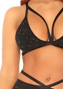 Two Piece Shimmer Lurex Opaque Cage Strap Bra Top and Matching Strappy Brazilian Bottom