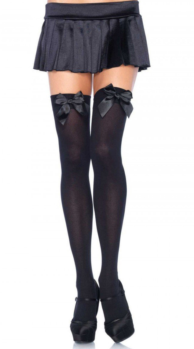 Satin Bow Opaque Thigh Highs