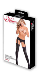 Two Piece Kitten Wet Look Zipper Garter Tights and G-String