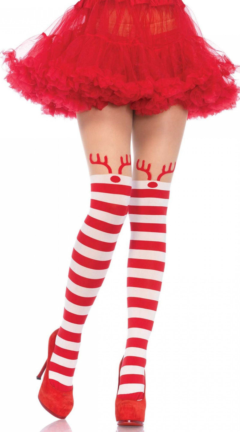 Rudolph Reindeer Opaque Striped Pantyhose with Sheer Thigh High Accent