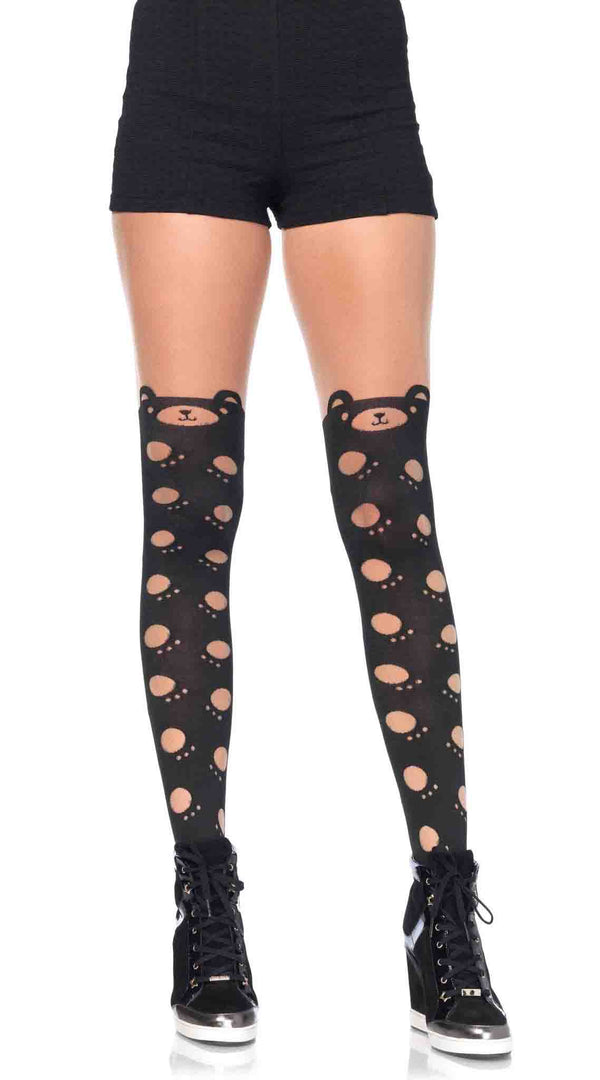 Beary Cute Paw Print Opaque Pantyhose with Sheer Thigh - ElegantStripper