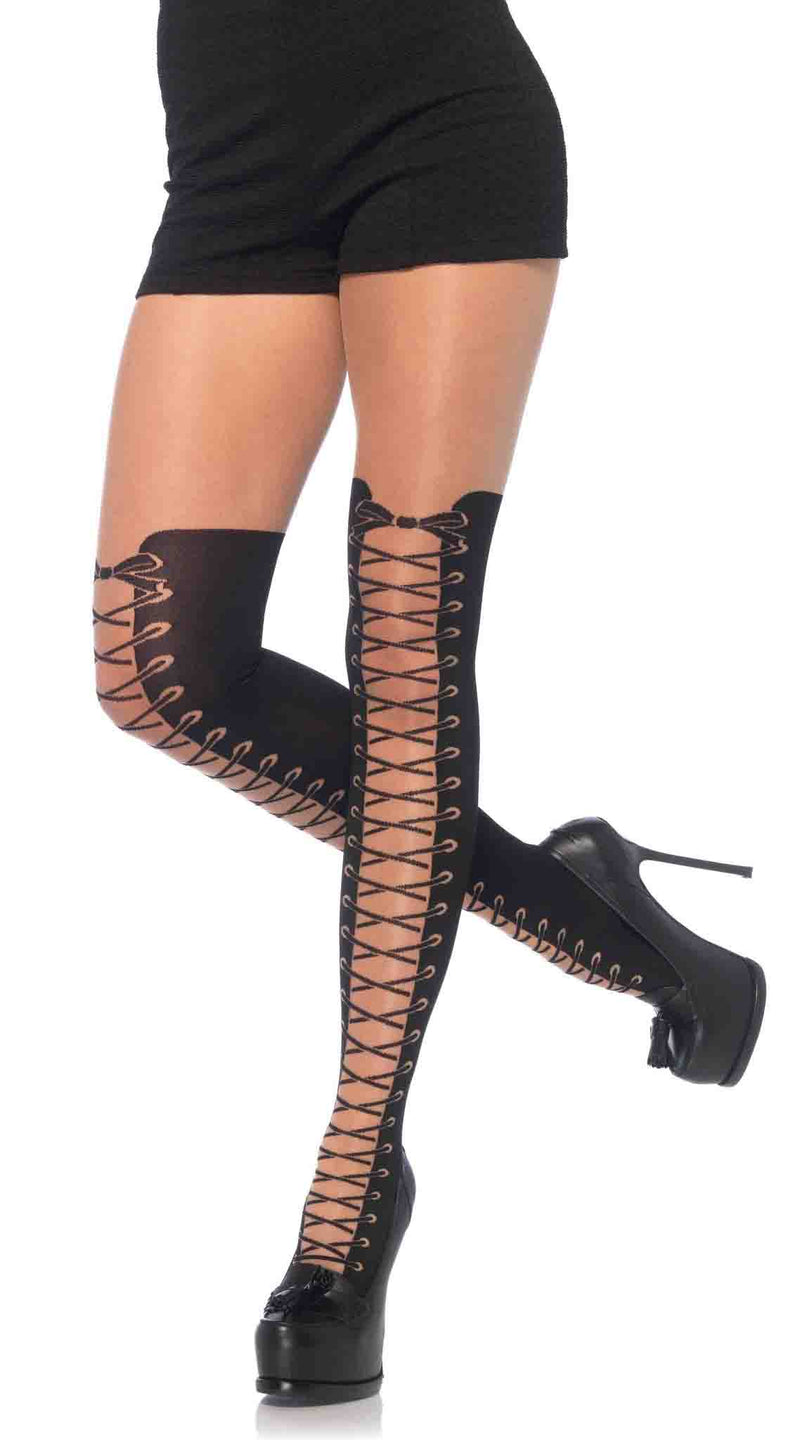 All Tied Up Pantyhose with Opaque Faux Thigh High Boot Detail - ElegantStripper