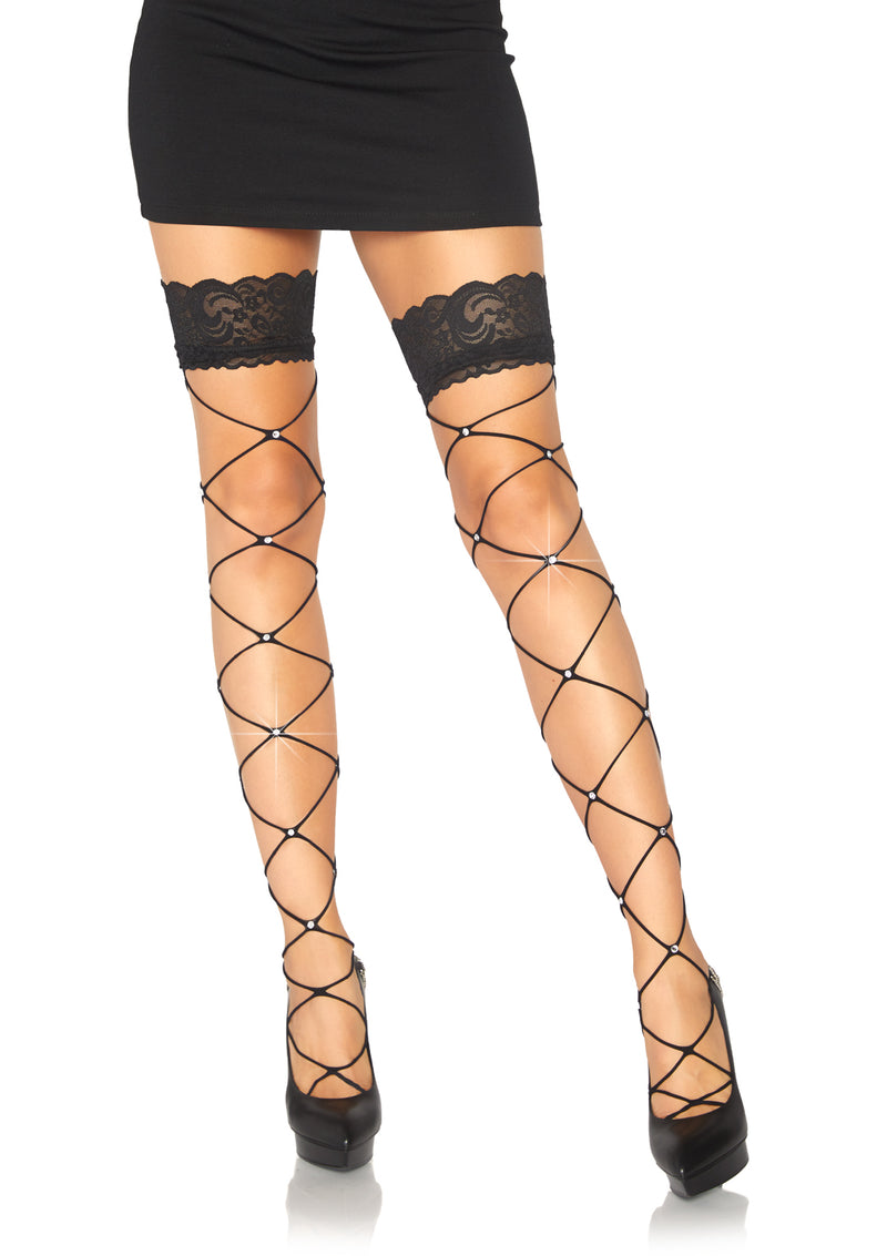 Crystalized Wide Net Lace Top Thigh Highs