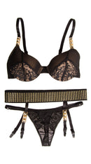 Three Piece Bra, Studded Garter and Thong Set