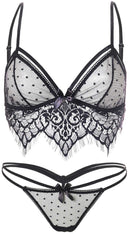 Two Piece Swiss Dot Cage Strap Bra with Chantilly Lace Fringe and Strappy