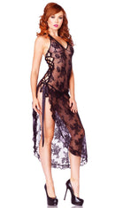 Two Piece Rose Lace High Slit Gown and G-String