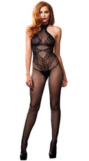 Fishnet Halter Bodystocking with Floral Lace Hourglass Detail