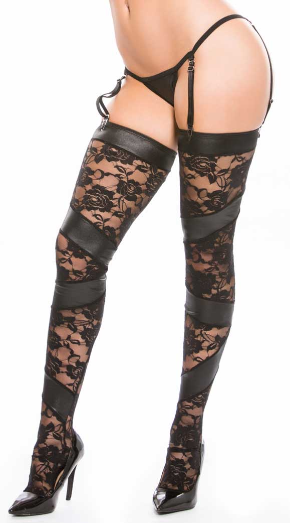 Kitten Lace & Wet Look Tights with G String