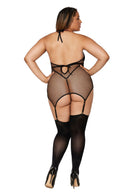 Stretch Fishnet, Two-Layer Garter Slip with Faux-Vinyl Inside Teddy Curvy Size