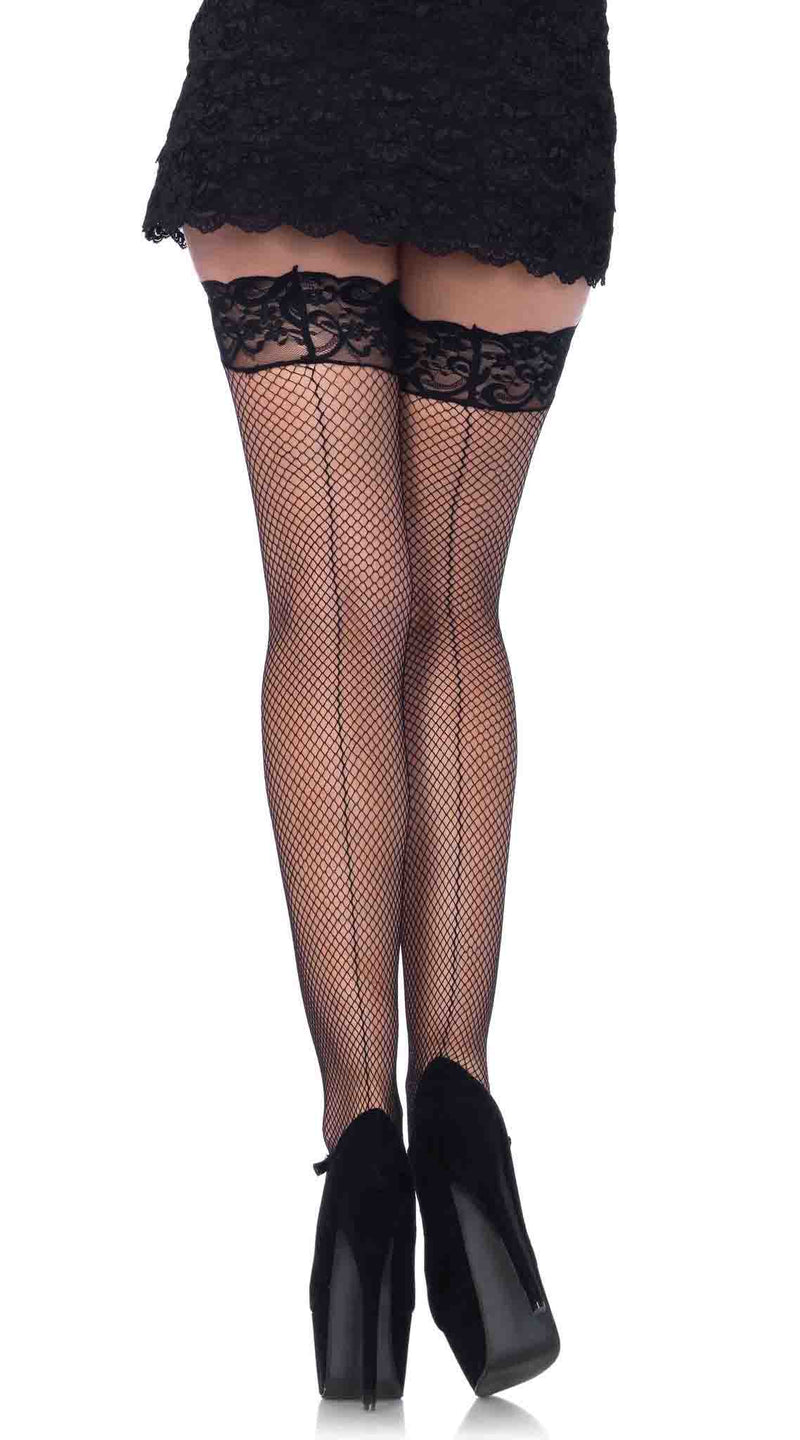 Fishnet Thigh Highs with Backseam and Silicone Lace Top