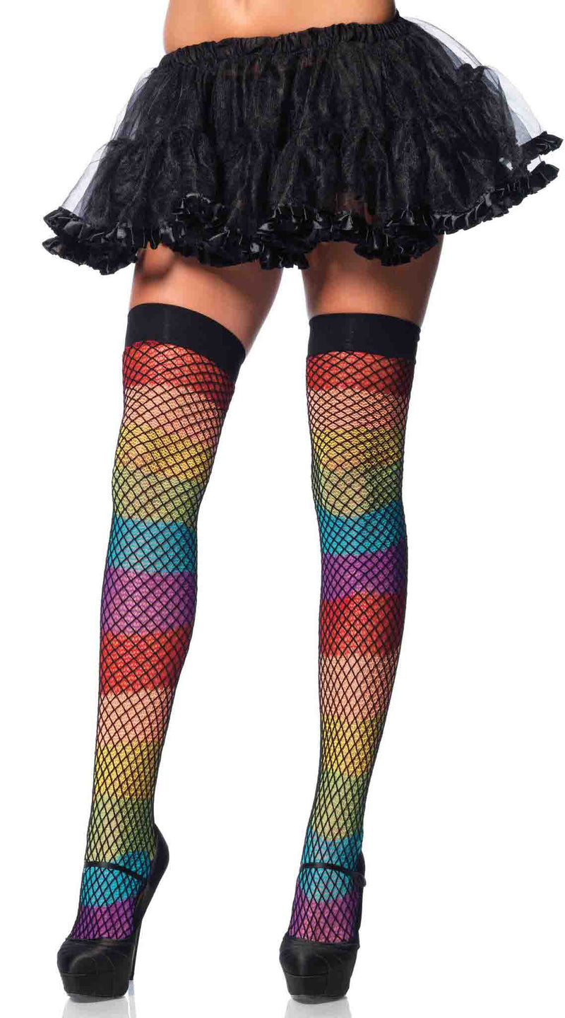 Rainbow Thigh Highs with Fishnet Overlay
