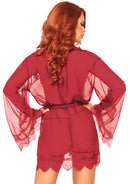 Three Piece Sheer Short Robe With Eyelash Lace Trim and Flared Sleeves
