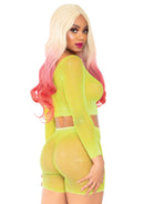 Two Piece Rhinestone Fishnet Crop Top and Biker Shorts