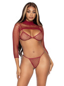 Three Piece Industrial Net Bikini Top G-String and Long Sleeved Crop Top