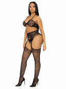 Three Piece Rhinestone Bra Top, G-String, and Garter Belt Stockings