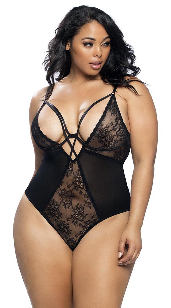 Lace and Mesh Teddy With Underwire & Neck Straps