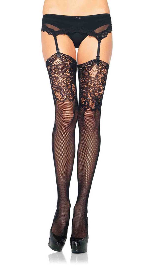 Fishnet Stockings With Jacquard Lace Top
