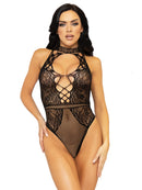 Net and Lace Keyhole Halter Bodysuit
