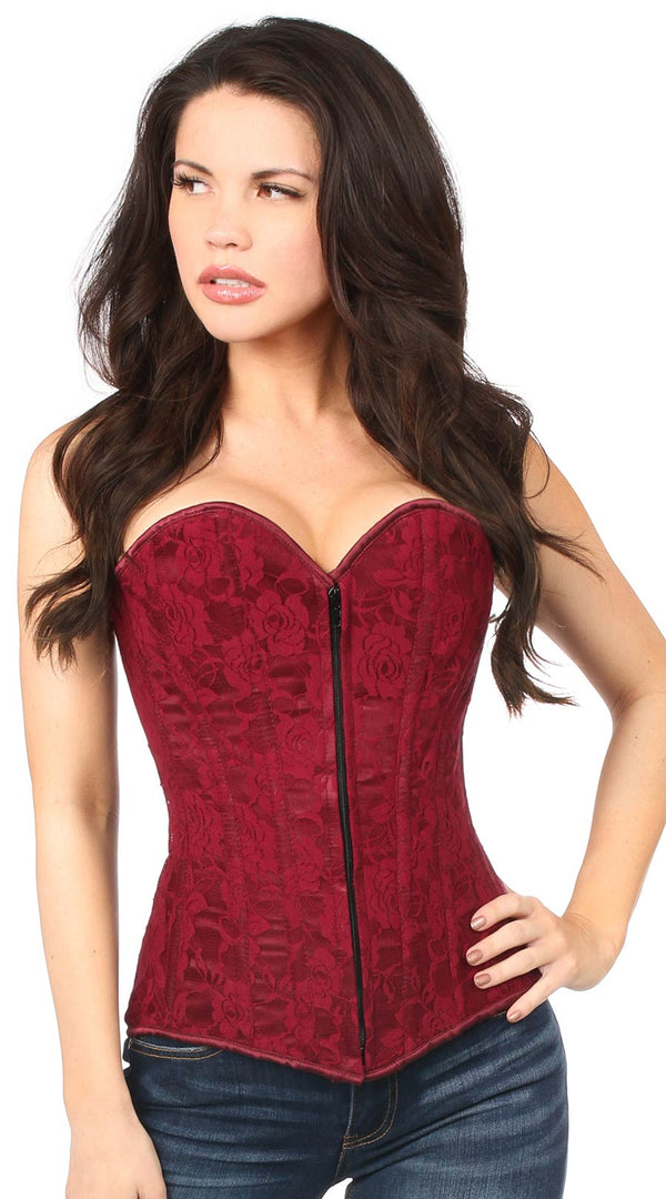 Lace Overbust Corset with Zipper in Wine