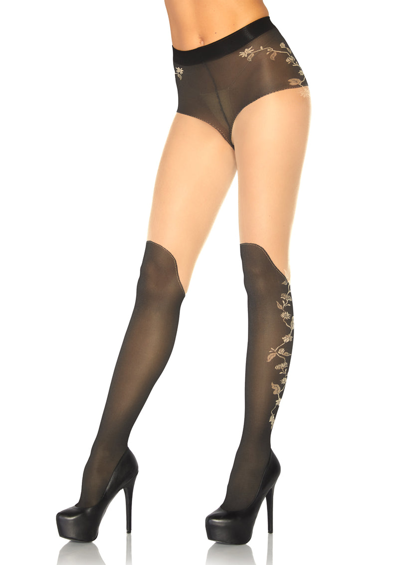 Spandex Sheer French Cut Pantyhose With Over the Knee Boot Detail and Floral Accent
