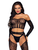 Three Piece Halter Choker Crop Top, Suspender Hose, and G-String