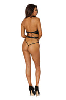 Shiny Coated Stretch Knit Halter Teddy with Black Chain Details