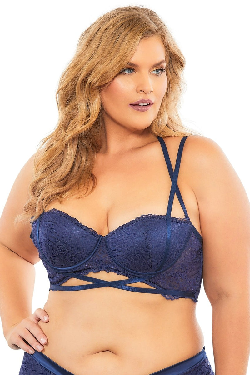 Lace Push Up Balconette Bra With Crossing Halter Straps Queen Sizes