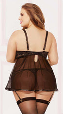 Satin Ribbon Hem Babydoll Set With Thong & Garters