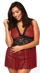 Babydoll With Floral Lace Waist & G String - ElegantStripper