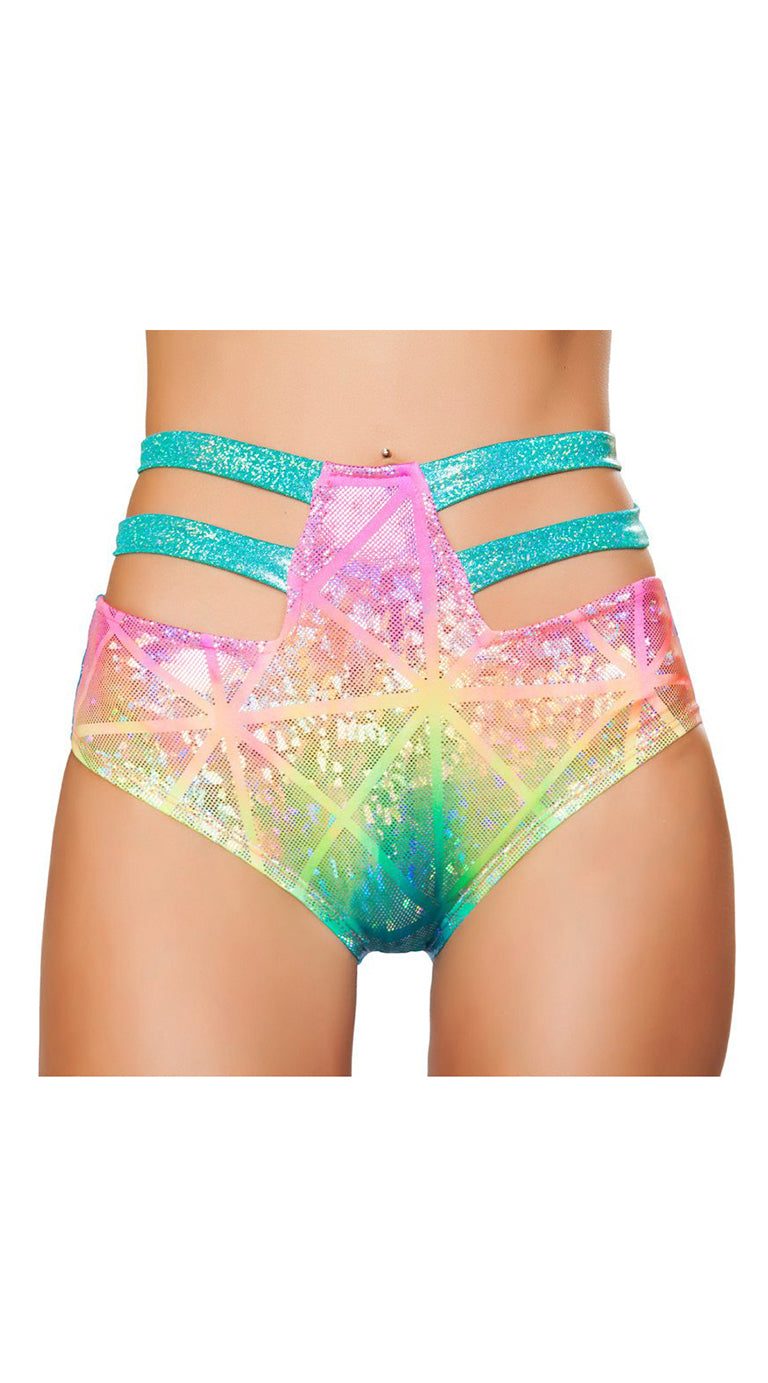 High-Waisted Strapped Shorts Hologram