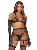 Five Piece Rhinestone Bikini Top G-String Garter Skirt Gloves and Stockings