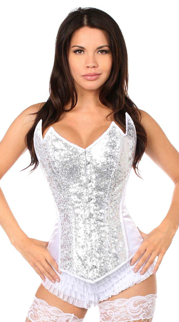 Sequin Pointed Top Steel Boned Corset in White/Silver