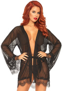 Three Piece Sheer Short Robe With Eyelash Lace Trim and Flared Sleeves