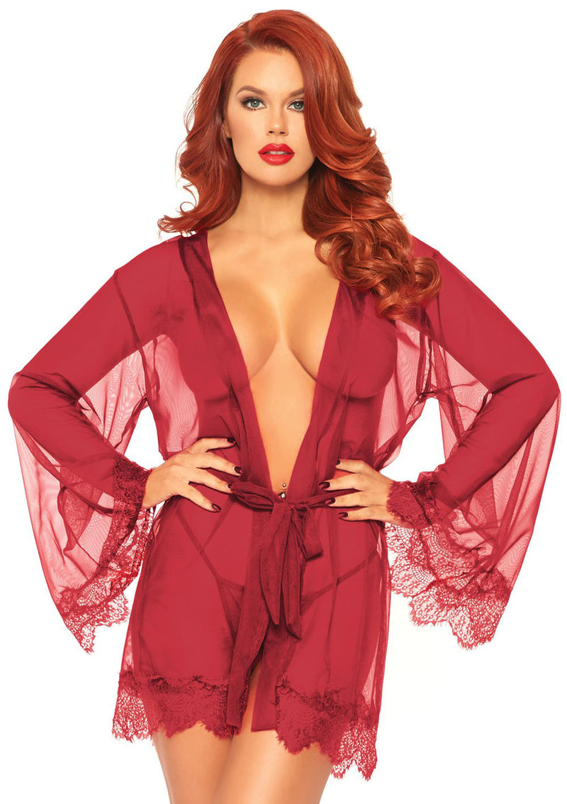 Three Piece Sheer Short Robe With Eyelash Lace Trim and Flared Sleeves
