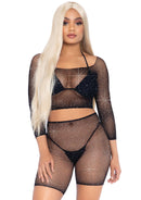 Two Piece Rhinestone Fishnet Crop Top and Biker Shorts