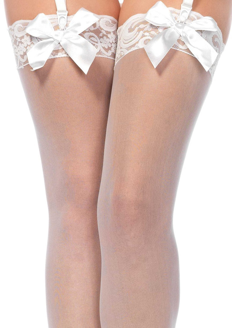 Sheer Thigh Hi Lace Top With Satin Bow