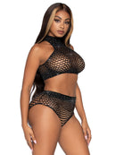 Two Piece Rhinestone Oval Net Top and High Waist Bottoms