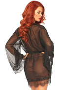 Three Piece Sheer Short Robe With Eyelash Lace Trim and Flared Sleeves